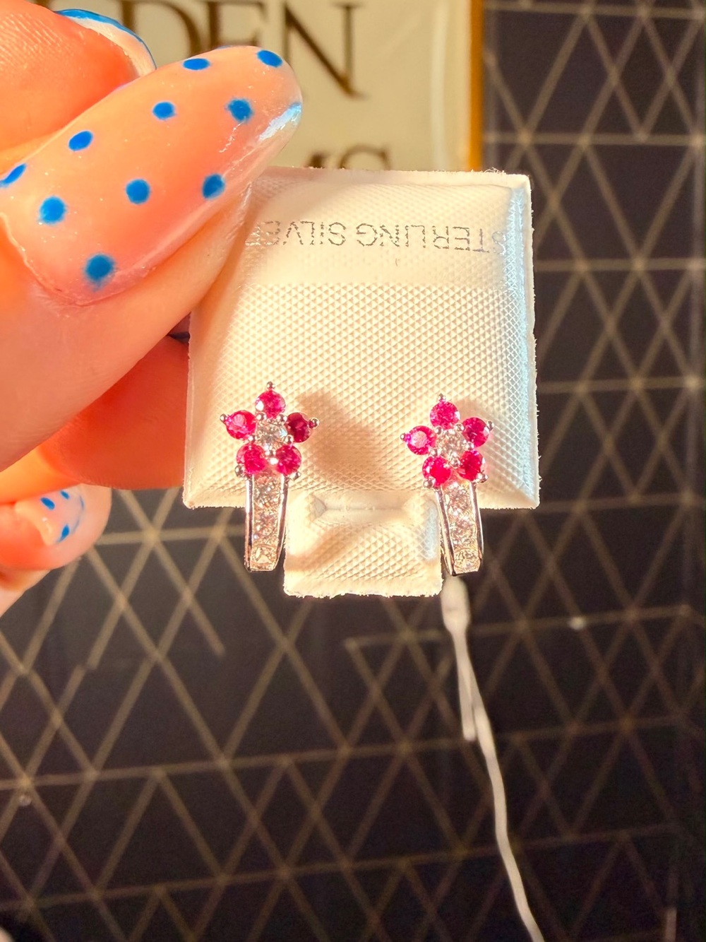 Sterling Silver Pink Floral Hoop Drop Earrings
